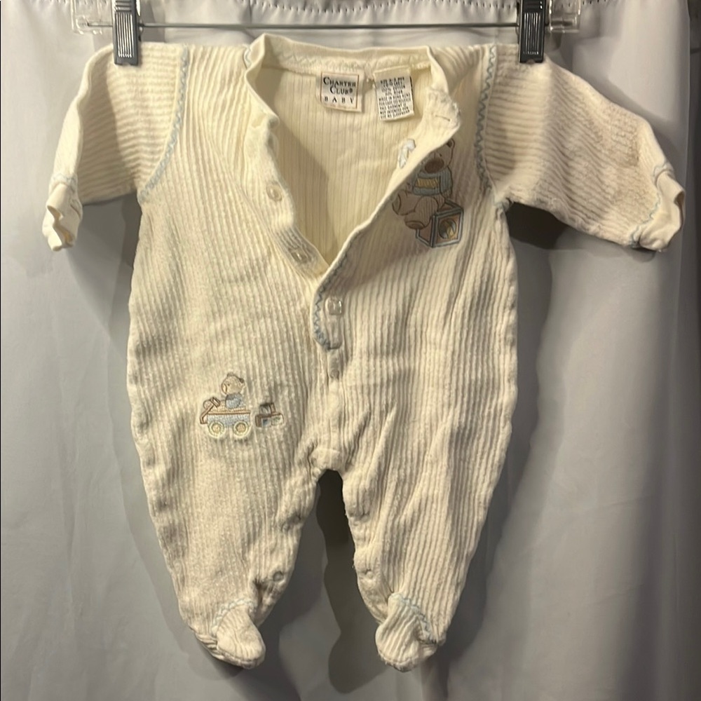Vintage Charter Club Baby Cream One Piece Embroidered Bears Size 0-3M 100%Cotton